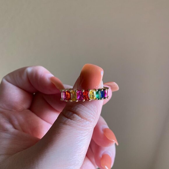 Neiman Marcus 18K Gold Plated Emerald-Cut Rainbow Eternity Ring - Picture 3 of 5